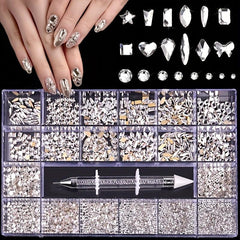 21 Grids Flat AB Rhinestones Kit Nail Art Decorations DIY Crafts Gemstones
