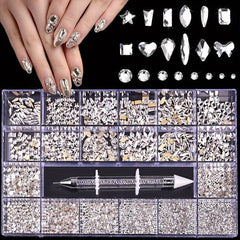 21 Grids Flat AB Rhinestones Kit Nail Art Decorations DIY Crafts Gemstones