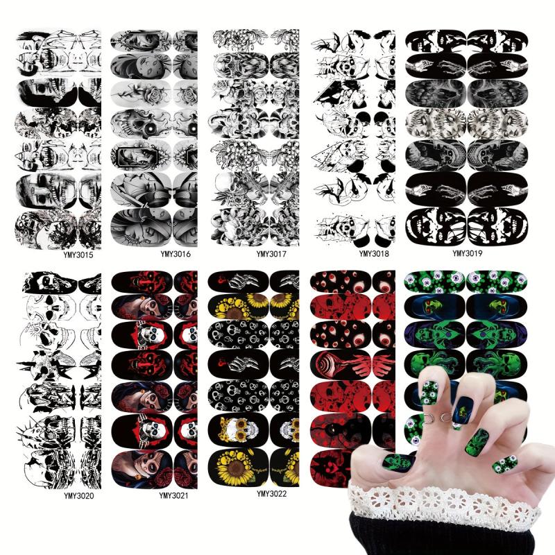 10 Sheets Halloween Nail Polish Stickers Scary Face Nail Art Strips Decals