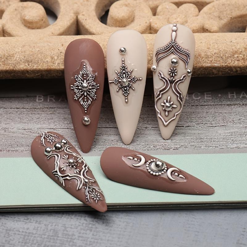 2 pcs 5D Embossed Nail Stickers - Brown & Lace Adhesive Decals