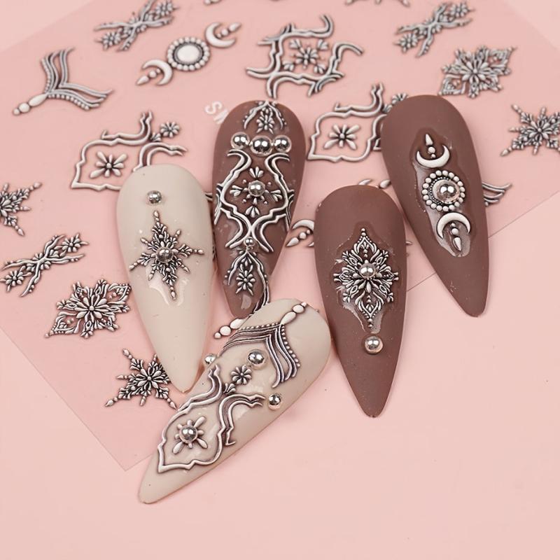 2 pcs 5D Embossed Nail Stickers - Brown & Lace Adhesive Decals