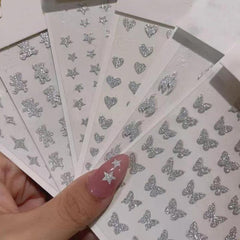 Reflective 3D Nail Stickers Glitter Decals Silver Stars Hearts Butterflies