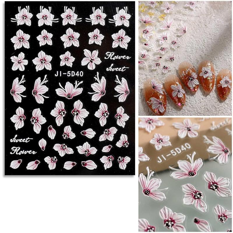 5D Embossed Spring Flower Nail Art Stickers - Self Adhesive Decals