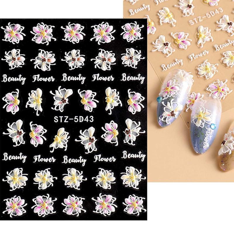 5D Embossed Spring Flower Nail Art Stickers - Self Adhesive Decals