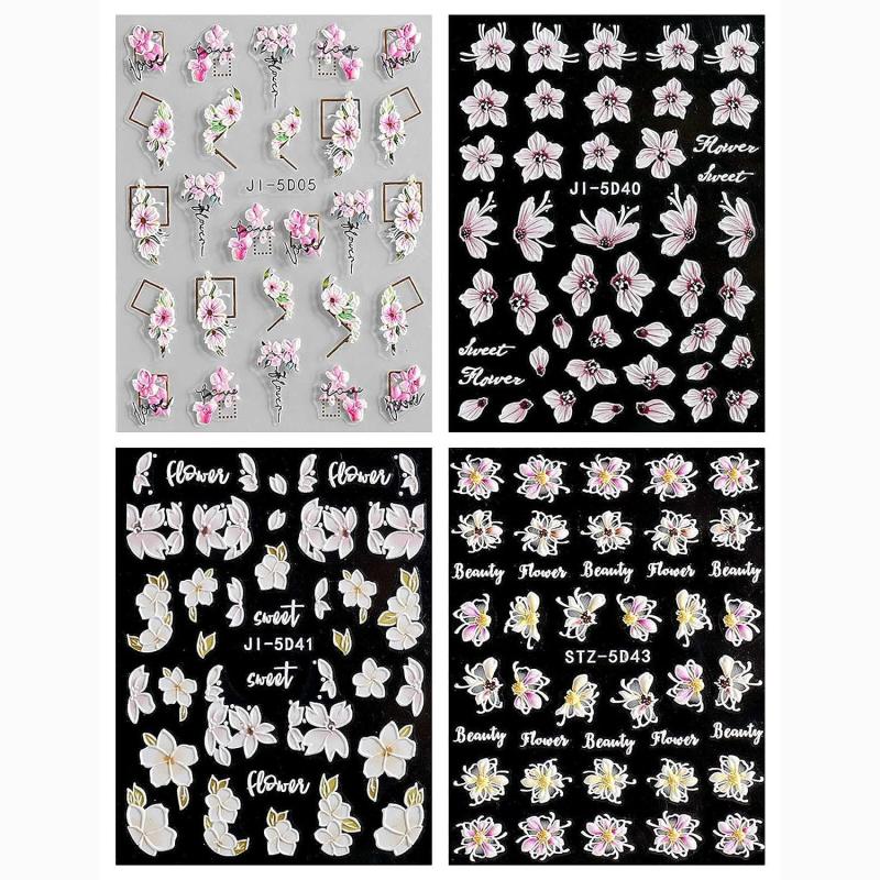 5D Embossed Spring Flower Nail Art Stickers - Self Adhesive Decals