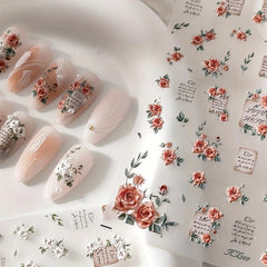 5D Embossed Rose Nail Art Stickers Pink and Rose Letter for DIY Nail Decorations