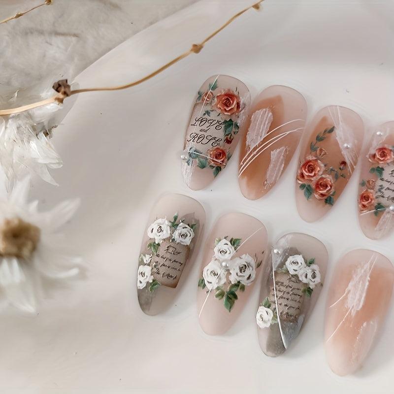 5D Embossed Rose Nail Art Stickers Pink and Rose Letter for DIY Nail Decorations