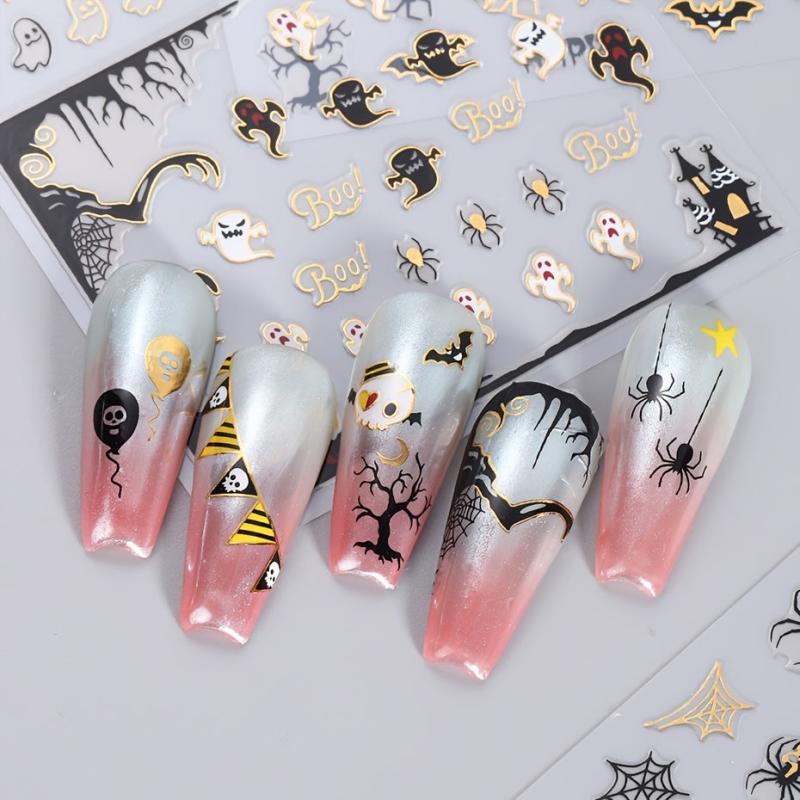4 Halloween Nail Art Stickers Self Adhesive DIY Laser Pumpkin Ghost Spider Skull