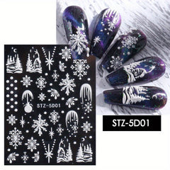 5D Embossed Christmas Nail Art Stickers Snowflake Snowman Nail Decals