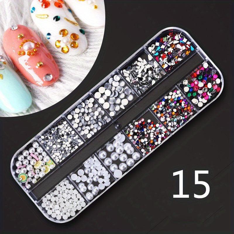 12 Grids AB Clear Rhinestones 3D Glitter Gems Pearl Nail Decoration