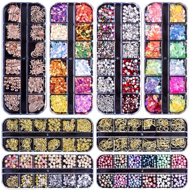 12 Grids AB Clear Rhinestones 3D Glitter Gems Pearl Nail Decoration
