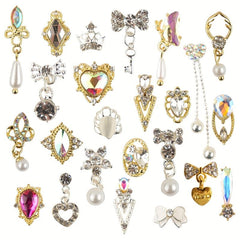 48pcs Nail Art Charms With Rhinestones Pearls 3D Alloy Nail Gem Accessories