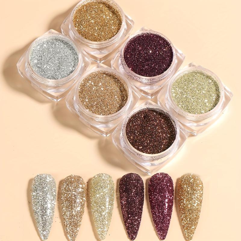 6 Sparkling Nail Powder & Charms for 3D Nail Art