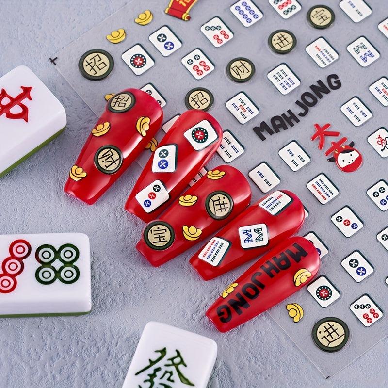 4pcs 5D Embossed Mahjong Nail Art Stickers