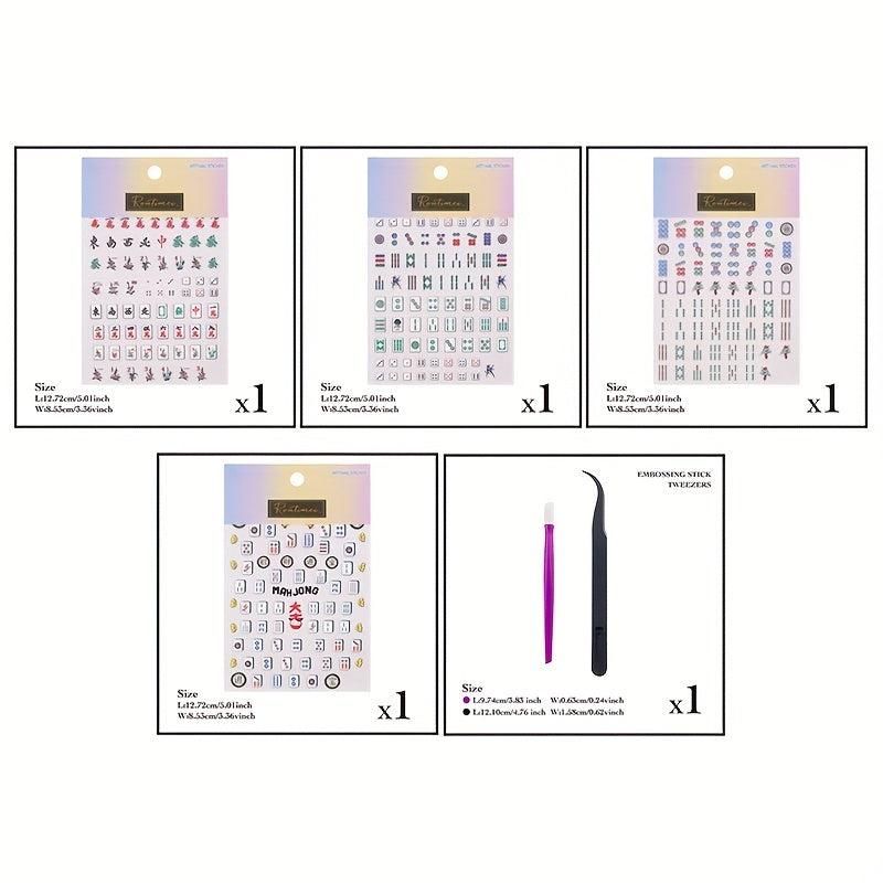 4pcs 5D Embossed Mahjong Nail Art Stickers