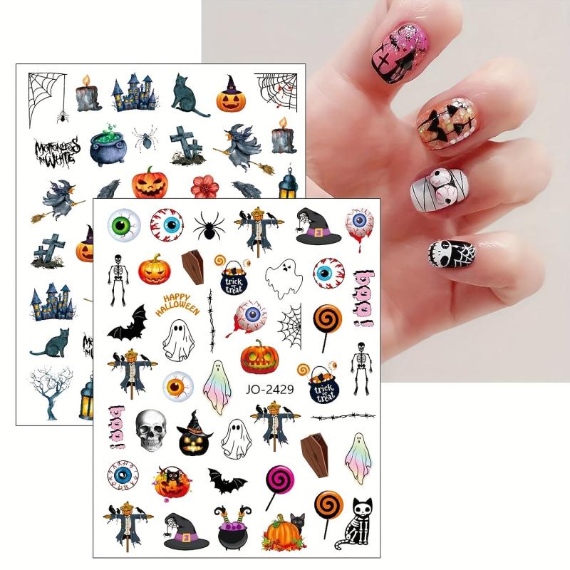 12 Halloween Nail Art Stickers Decals Skull Ghost Pumpkin Pink Nail Supplies