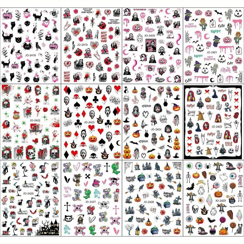 12 Halloween Nail Art Stickers Decals Skull Ghost Pumpkin Pink Nail Supplies