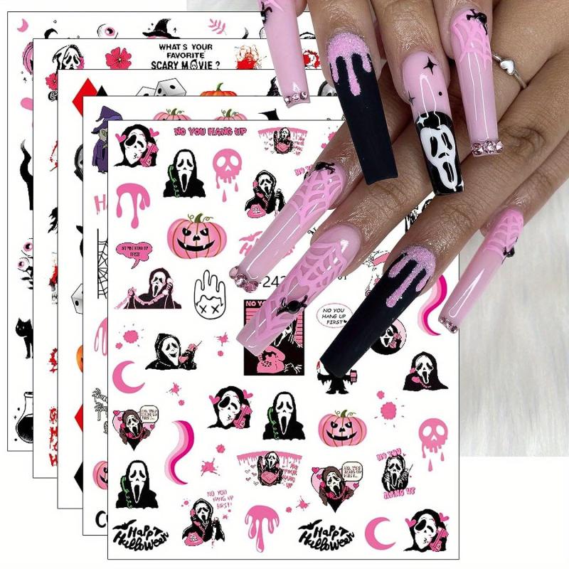 12 Halloween Nail Art Stickers Decals Skull Ghost Pumpkin Pink Nail Supplies