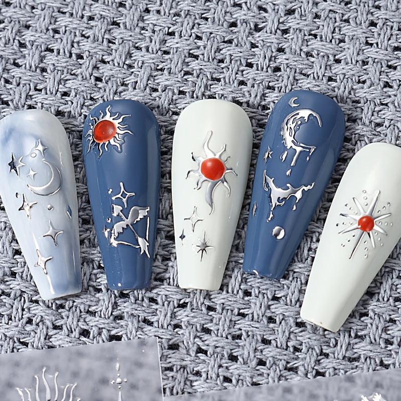 4 Sheets 3D Silvery Bronzing Nail Art Stickers Moon Star Sun Nail Decals