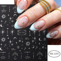 4 Sheets 3D Silvery Bronzing Nail Art Stickers Moon Star Sun Nail Decals