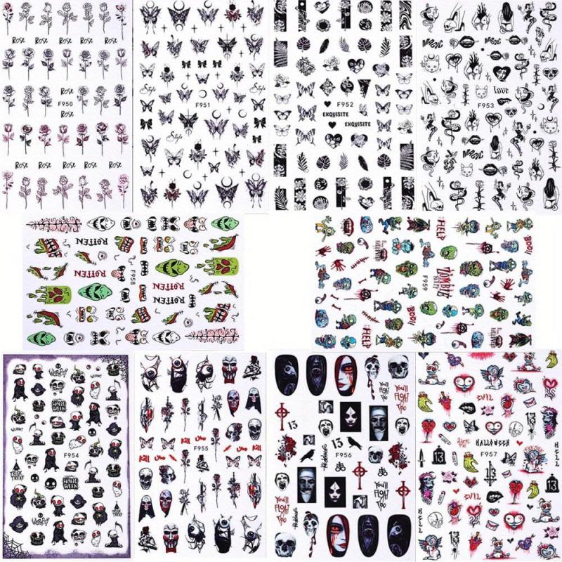 10 Sheets Halloween Nail Art Stickers 3D Self Adhesive Nail Decals