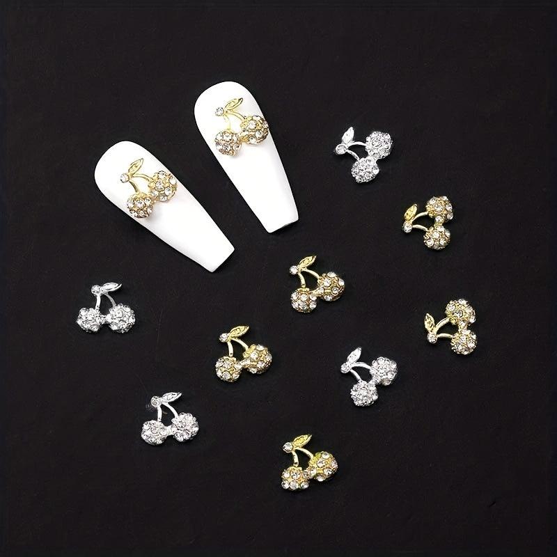 10pcs 3D Cherry Rhinestone Nail Charms Gold Silver Nail Art Jewelry DIY