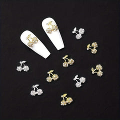10pcs 3D Cherry Rhinestone Nail Charms Gold Silver Nail Art Jewelry DIY