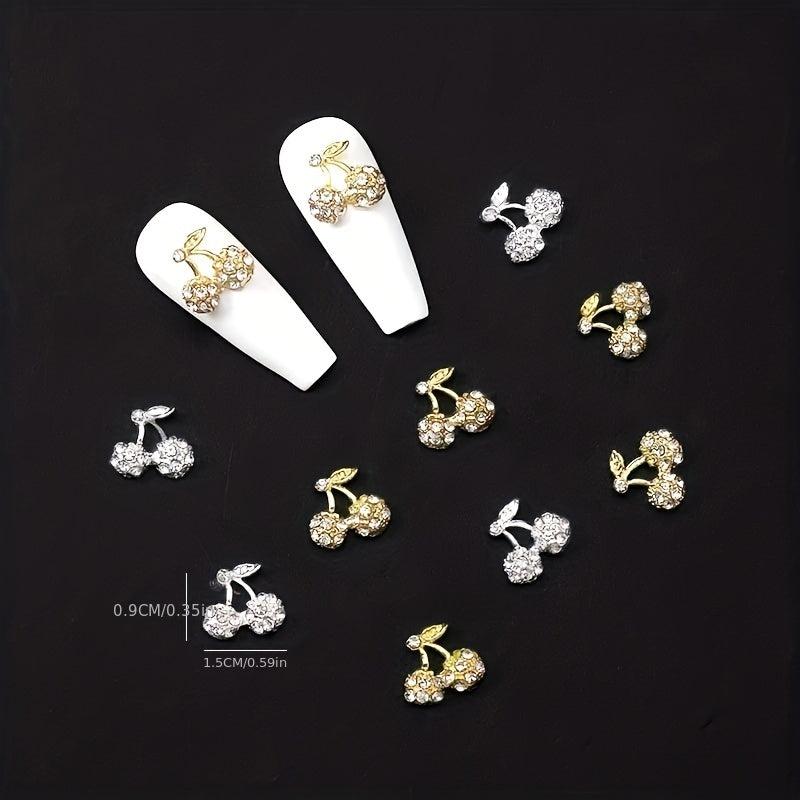 10pcs 3D Cherry Rhinestone Nail Charms Gold Silver Nail Art Jewelry DIY