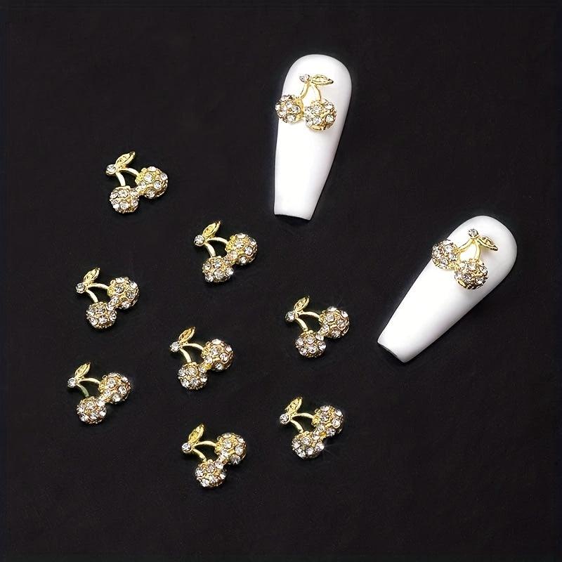 10pcs 3D Cherry Rhinestone Nail Charms Gold Silver Nail Art Jewelry DIY
