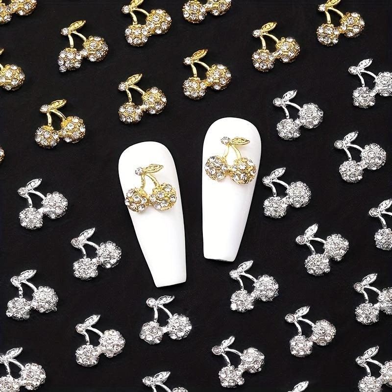 10pcs 3D Cherry Rhinestone Nail Charms Gold Silver Nail Art Jewelry DIY