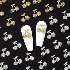10pcs 3D Cherry Rhinestone Nail Charms Gold Silver Nail Art Jewelry DIY