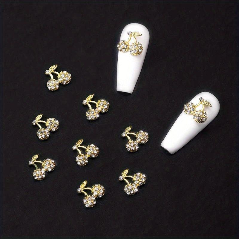 10pcs 3D Cherry Rhinestone Nail Charms Gold Silver Nail Art Jewelry DIY