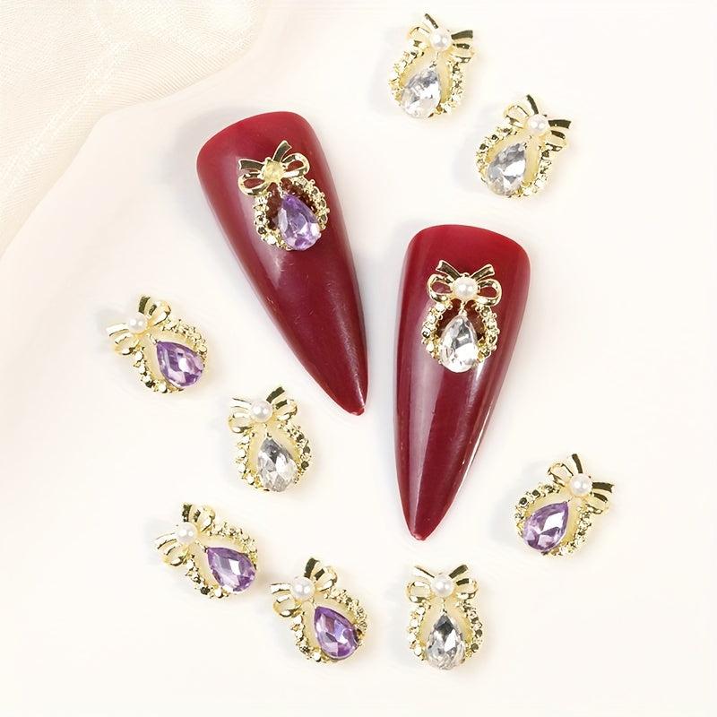 10pcs Ribbon Nail Art Charms Water Drop Rhinestones Pearls 3D Alloy Nail Gem