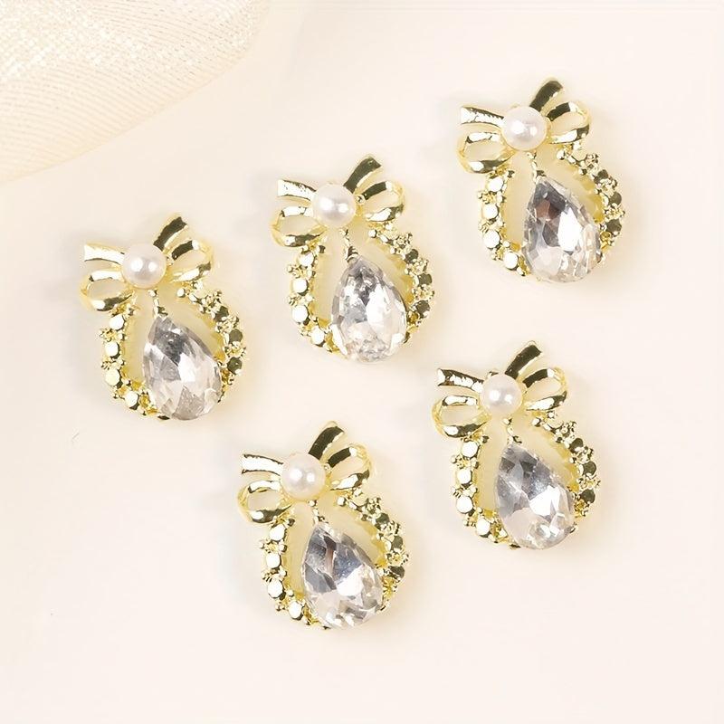10pcs Ribbon Nail Art Charms Water Drop Rhinestones Pearls 3D Alloy Nail Gem