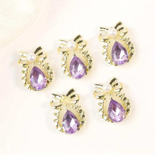 10pcs Ribbon Nail Art Charms Water Drop Rhinestones Pearls 3D Alloy Nail Gem