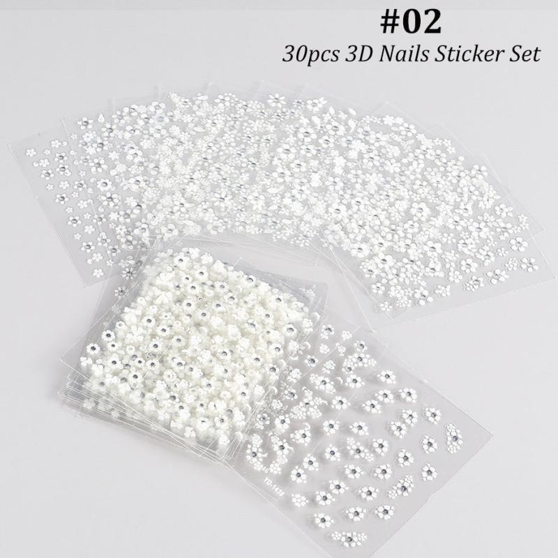 30 pcs Spring 3D Floral Nail Stickers Set - Daisy Flower Butterfly Designs