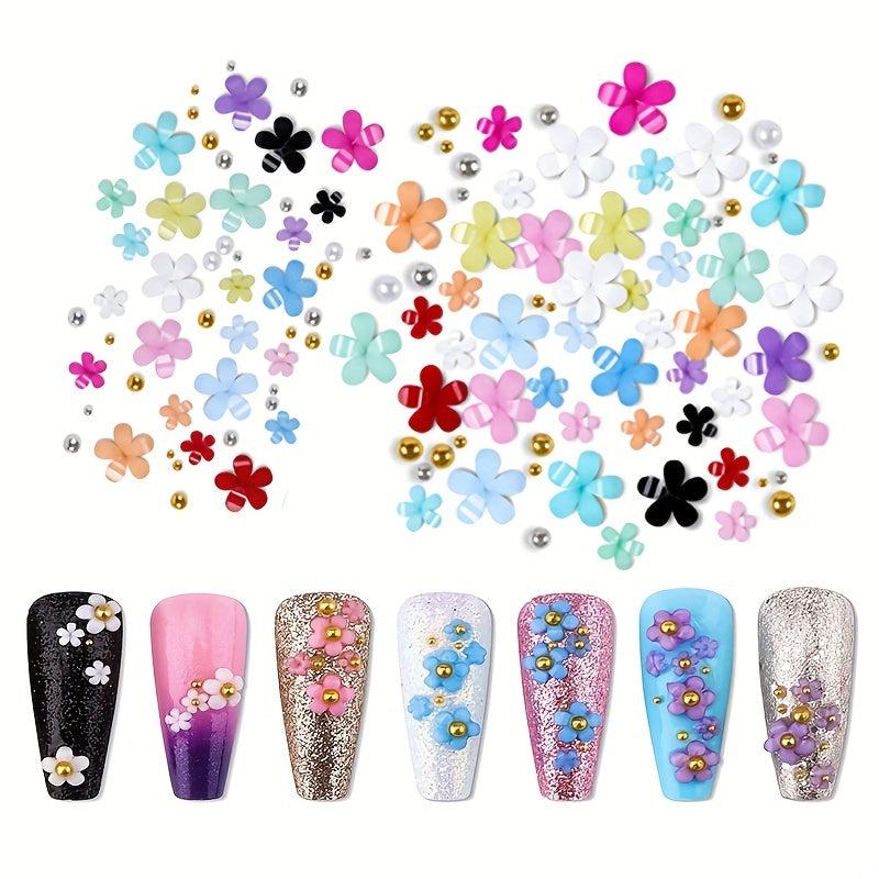 200pcs Nail Decor Five Petal Flower Silver Beads Resin Rhinestone Charms