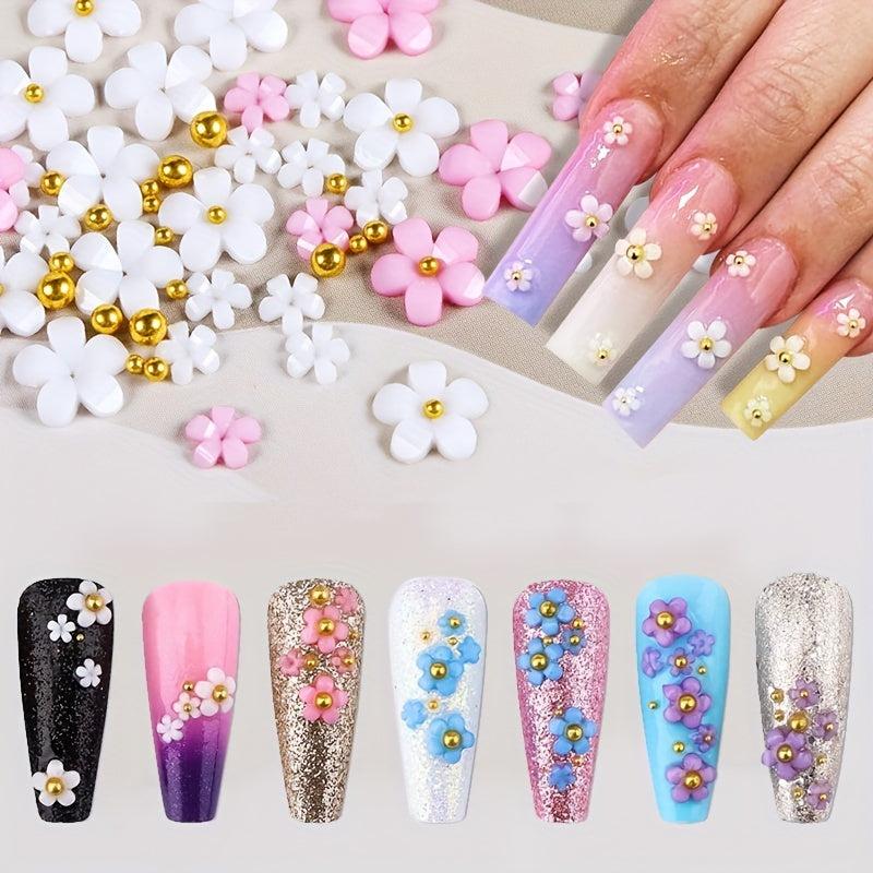200pcs Nail Decor Five Petal Flower Silver Beads Resin Rhinestone Charms
