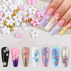 200pcs Nail Decor Five Petal Flower Silver Beads Resin Rhinestone Charms