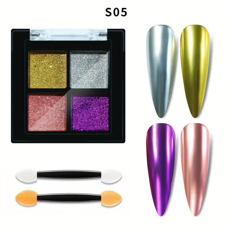 4 Colors Holographic Nail Art Solid Powder With Sponge Brushes Pigment