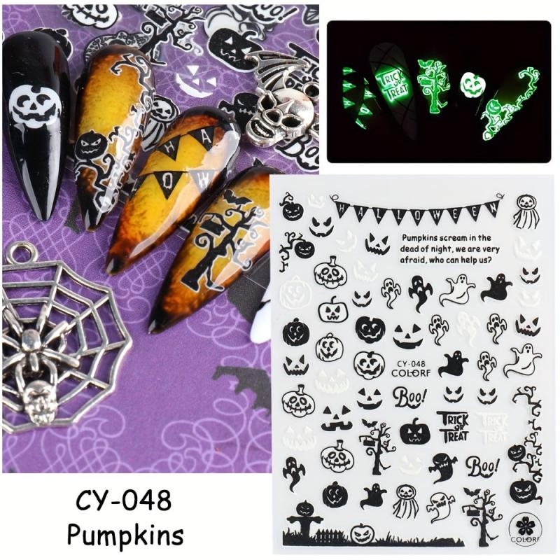 6pcs Halloween Luminous Nail Art Stickers Skull Pumpkin Spider Bat Ghost