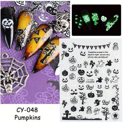 6pcs Halloween Luminous Nail Art Stickers Skull Pumpkin Spider Bat Ghost