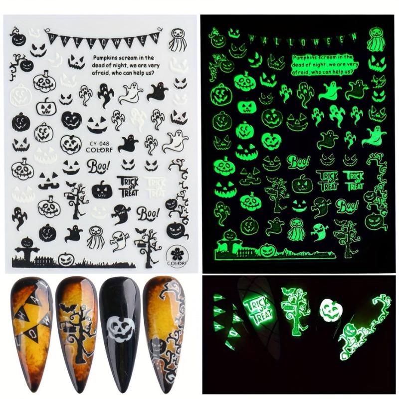 6pcs Halloween Luminous Nail Art Stickers Skull Pumpkin Spider Bat Ghost