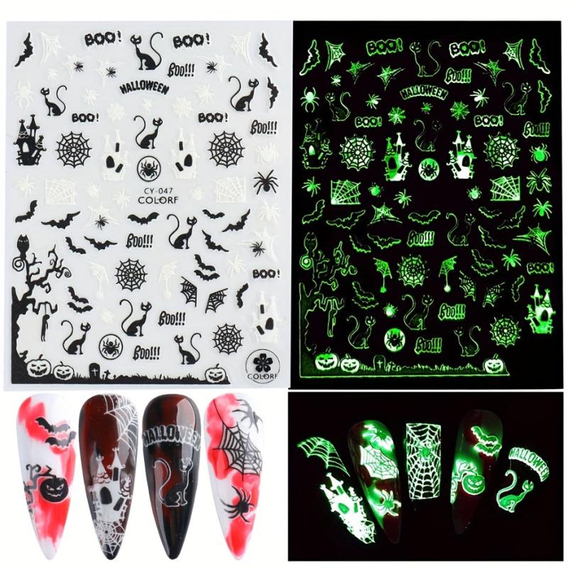 6pcs Halloween Luminous Nail Art Stickers Skull Pumpkin Spider Bat Ghost