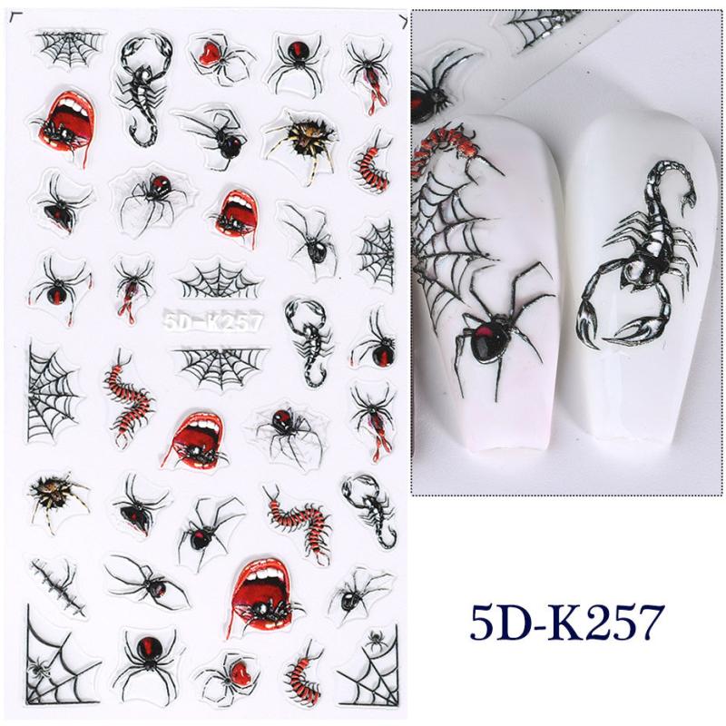 5D Embossed Halloween Nail Art Stickers Spider Eyeball Centipede Self Adhesive