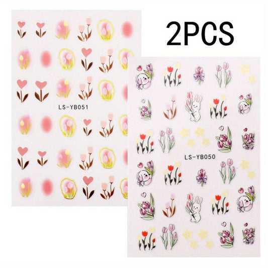 Sweet Tulip Nail Stickers w/ Golden Edge 3D Self-Adhesive Rabbit Decals