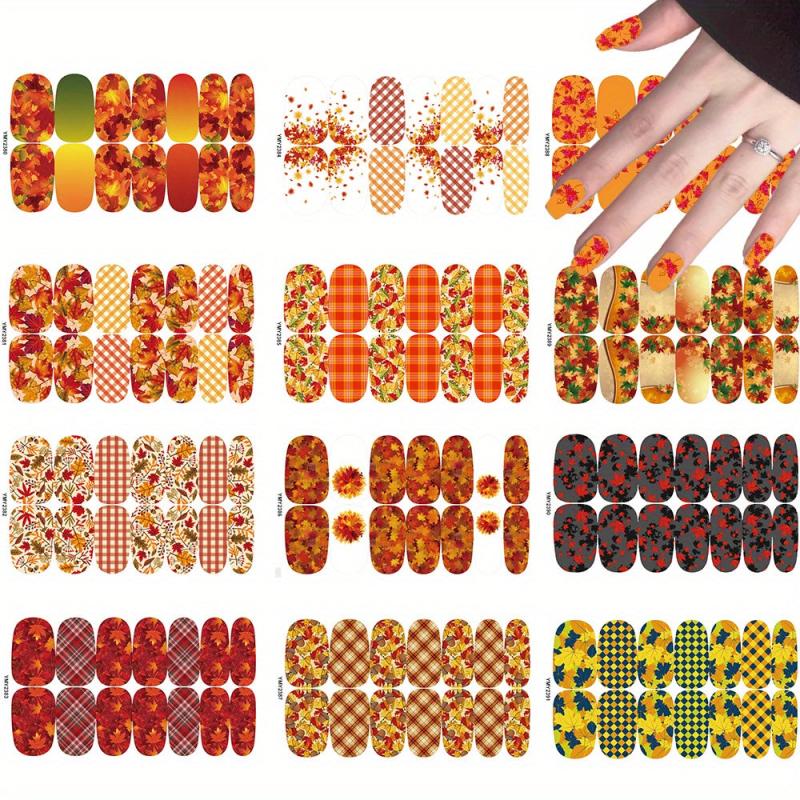 12 Sheets Fall Nail Wraps Stickers Autumn Maple Leaf Nail Polish Strips