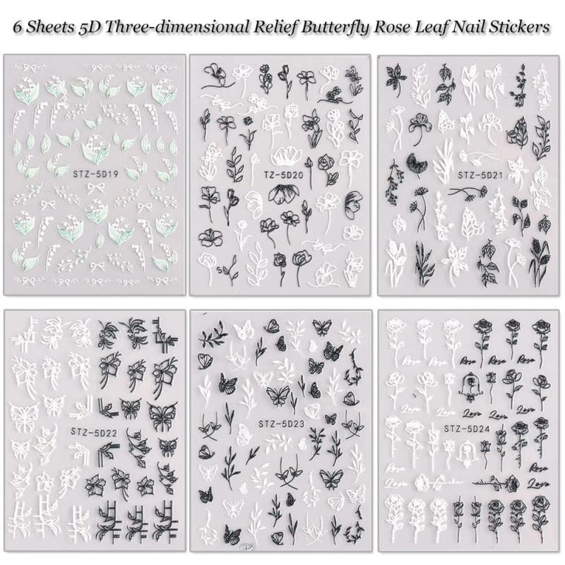 5D Embossed Flower Leaf Butterfly Nail Art Stickers - Self Adhesive Nail Decal