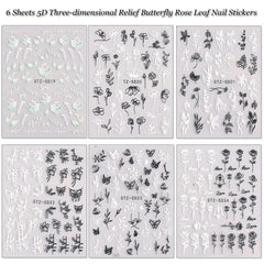 5D Embossed Flower Leaf Butterfly Nail Art Stickers - Self Adhesive Nail Decal