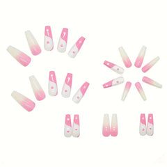 Long Pink French Press On Nails Coffin Glossy Design for Women & Girls